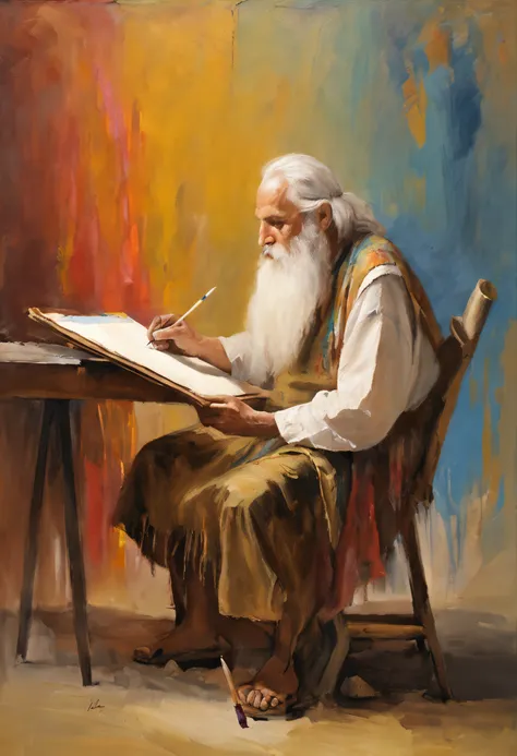 An old man, long white hair, long white beard, writing a papyrus, writing with a feather, is inside a tent, farthest view of the tent, candlelight, hyper realistic, photography effect, 8k, super detailed, biblical, Hebrew descendant. --auto --s2