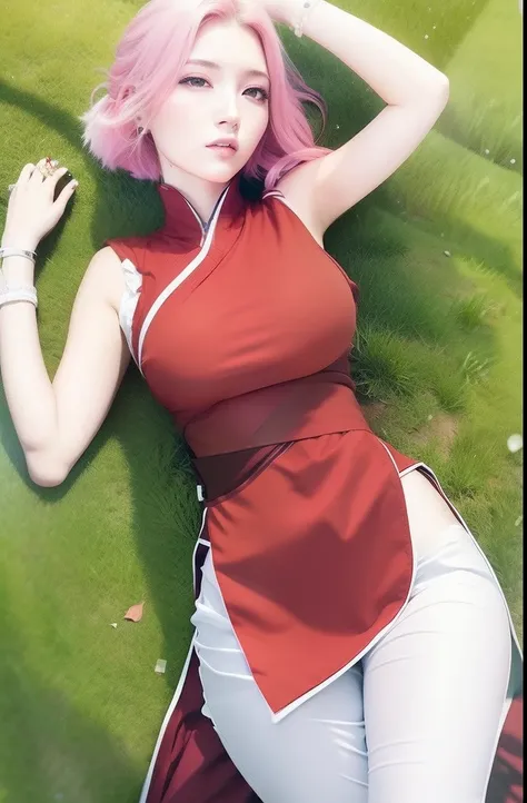 Sakura uchiha. A woman lying in the grass. He was wearing a red cedar and white pants. Her clothes looked so tight that it made the curves of her body faint. Including her breasts. It looks so big and round. She also had short pink hair that wasnt covered ...