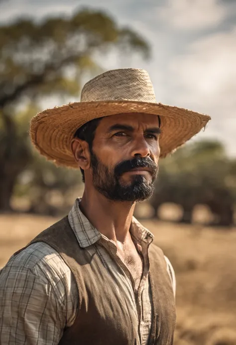 1man, smart man, 35 years old, short black hair, black eyes, tan skin bearded farmer with straw hat standing crossed arms in field with sun behind him Natural volumetric lighting and better shadows, profundidade de campo profunda, foco clear, Portrait incr...