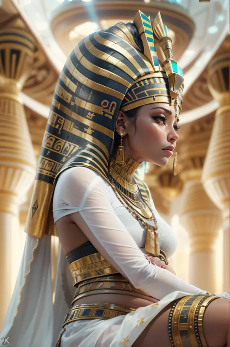 Futuristic Pregnant Egyptian Queen character in a futuristic white clean world setting HD photography, ultra-realistic, King Tut, 4k, hyper-realistic, sharp texture, color