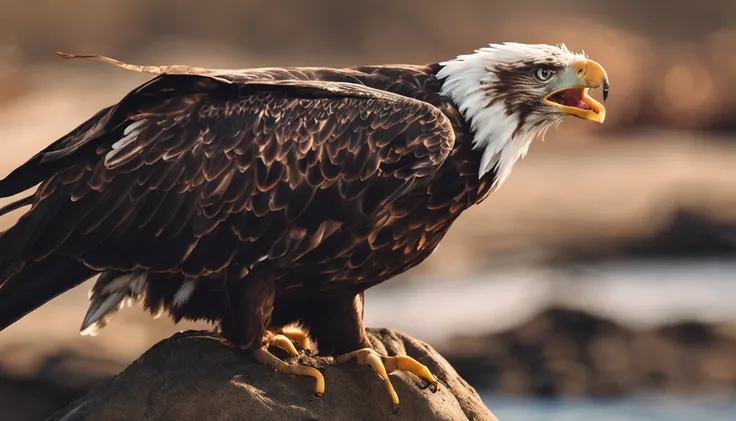 An eagle with a crab stuck to its face on top of a rock in the middle of the sea