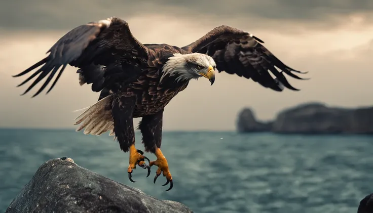 An eagle with a crab stuck to its face on top of a rock in the middle of the sea