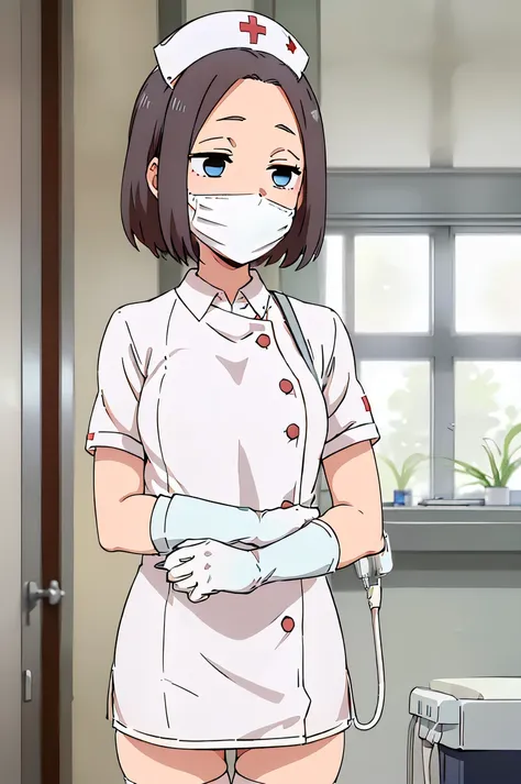 mona, blue eyes, brown hair, short hair, expressionless, empty eyes, solo, nurse, ((white nurse cap, white nurse uniform)), ((wh...