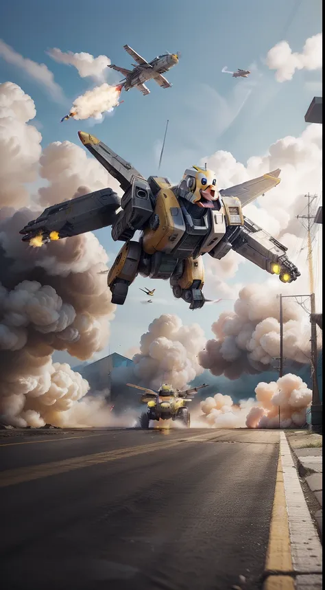 3 Very large mecha duck flying towards camera and laughing, yellow duck, war background, cinematic lighting, cinematic feel photography, few missile fly towards it, smoke,