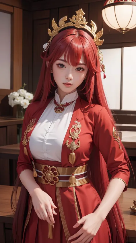 the original god，yae miko，18k quality，full of details，ultra - detailed，red long-haired，the expression is contemptuous
，