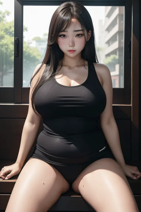 a beauty girl、Erotic、the face is round、Plump、((full of sweat))、cute little、embarrassed from、thighs thighs thighs thighs、Be undress、Wearing a dark tank top、((open the legs widely))