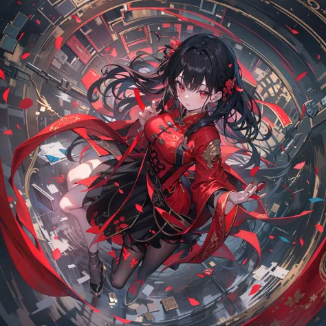 absurd res, high res, (masterpiece:1.4), ultra-detailed, 1girl, from above, space, floating, Chinese dress, red dress, stockings, black hair, golden eyes