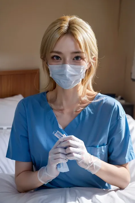 Gripping the male genitalia、In bed in a hospital room、Woman in light blue shirt、surgical mask、rubber glove、surgeon, holding syringe,laugh、nurse girl, in 8K, healthcare worker, Surgery IV, Nurse, surgical mask covering mouth, hyper realstic, (doctor)、((blon...