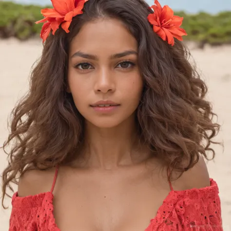 "Retrato de corpo inteiro da menina atraente com cabelo encaracolado, figura pequena, beach setting, ROUPAS COLORIDAS, beautiful face, Red flower behind ear decorating, pele morena do Sol, Mulher Latina, Central American Woman, Dominican Republic. Mostre s...