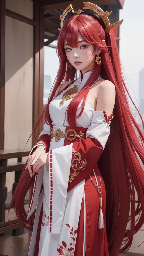 the original god，yae miko，18k quality，full of details，ultra - detailed，red long-haired，the expression is contemptuous
，