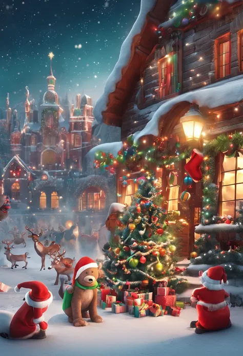 Mainly Christmas theme，Rich and super interesting content，（Santa Claus，Reindeer，Christmas Elves，Naughty Children，Nice Children）Painting way display，Super HD，超詳細，rendering，  high details  high quality --aspect 16:9