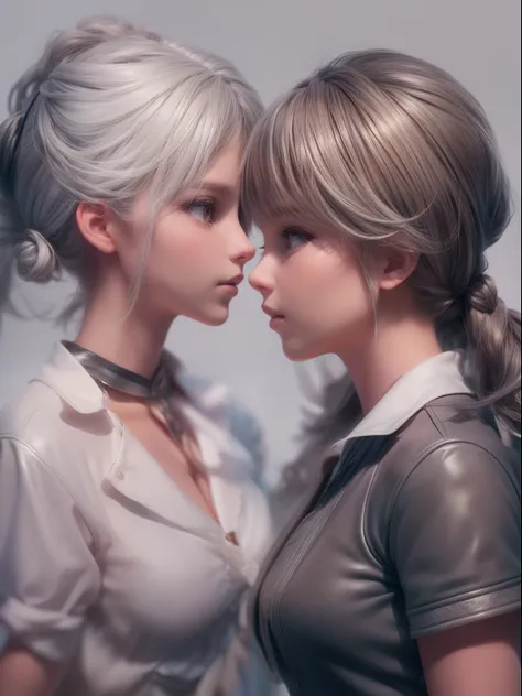 Movie Angle,(2 cute maidens face to face,Brunette on the left,White hair on the right,Anatomically correct,Majority,The girl on the right with the masterpiece of the cover: solidcolor,greybackground,Representative Works: Gray top,Black leather skirt,),(ill...