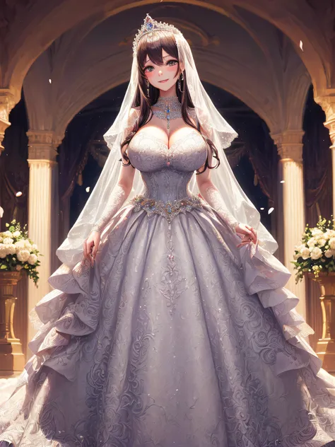 (masterpiece, best quality:1.2),1girl, (solo), cute, kawaii,digital art,((1 princess wearing beautiful embroidery and jeweled gorgeous princess ballgown wedding dress with voluminous full length hoop skirt)),crinoline,((gorgeous embroidery and beautiful la...