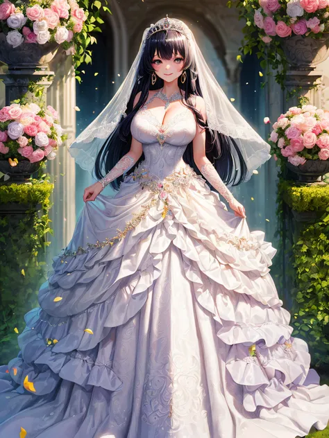 (masterpiece, best quality:1.2),1girl, (solo), cute, kawaii,digital art,((1 princess wearing beautiful embroidery and jeweled gorgeous princess ballgown wedding dress with voluminous full length hoop skirt)),crinoline,((gorgeous embroidery and beautiful la...