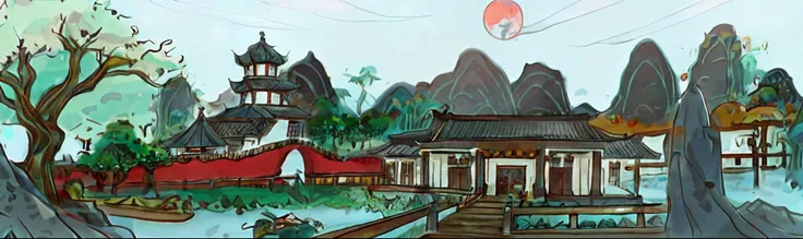 A man in a robe stands，A caricature of a Chinese village with a bridge and a pagoda, background artwork, Temple background, arte de fundo, Zen temple background, artwork in the style of z.Show on the. gu, Anime landscape, Anime background art, anime backgr...