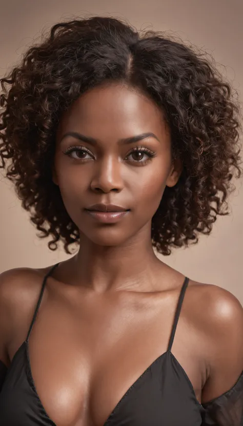 raw photo, Real Photographics, portrait of a beautiful and stunning brazilian black woman, nearly forty years old, with ((dark brown skin)), neck length curly black afro hair, vivid clear brown eyes, detailed face, portrait of shoulders and face, voluptuou...