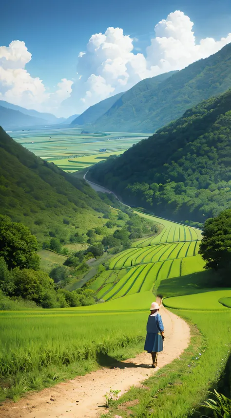 An old farmer carrying a flat burden, walking on the winding path of the countryside, big clouds, blue sky, rice fields, neat rice seedlings in the field, forest, hillside, secluded, countryside, HD detail, hyper-detail, cinematic, surrealism, soft light, ...