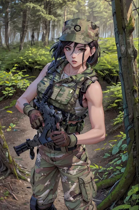 （tmasterpiece、top-quality、超A high resolution、Photorealsitic、3/5 lenses）、High detail skin、Beautiful Chinese female liberation army、Slender physique、delicated face、Short brown hair、Camouflage cap、Woodland camouflage military uniform、tactical vest、Woodland ca...