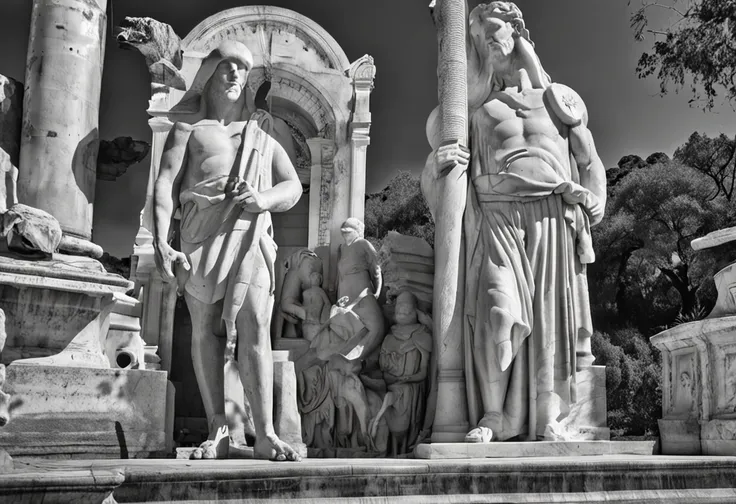 estatuas de marmore no templo, varias estatuas, estatuas, templo estoico, estaua estoica, estatua de marcos aurelio, marcos eurelio, imagem em preto e branco, interior do templo como fundo