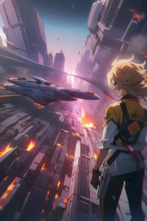 Overhead cities of the future, spaceship, A couple holding guns back to back, sideface, There was a fire explosion, The face is clear, High picture detail, flustered, streaked hair, anime style, anime, Futurism, high detail, depth of field, cinematic light...