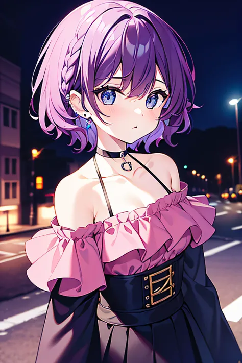 masterpiece, best quality, 1girl, short hair, shoulder-length hair, purple hair, curly hair, side braid, blue eyes, sharp eyes, expressionless, pink off shoulder blouse, black skirt, piercings, in the street, dark street, in the night