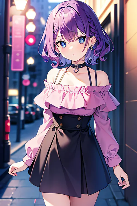 masterpiece, best quality, 1girl, short hair, shoulder-length hair, purple hair, curly hair, side braid, blue eyes, sharp eyes, expressionless, pink off shoulder blouse, black skirt, piercings, in the street, dark street, in the night