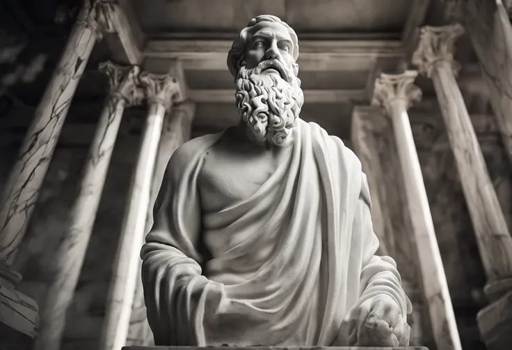 White marble statue of the bust of the wise man with the style of the Greek beard philosopher inside a temple. atmosfera escura, ato contraste de luz e sombra, fotografia profissional, utrarealista, volumetric light, cinemactic, templo grco-romano