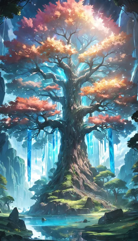 Illustration of a hyperrealistic , otherworldly, ultrasky scene featuring a giant crystal tree full body,very detailed and magical lighting, intricate forest details, vegetation and river around, solarpunk ,landscape, giant tree, beatifull leafy with beaut...