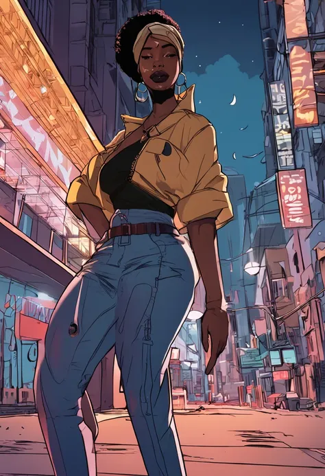 Stylish modern african american woman, Shinkai Makoto style, Anime, Japan animated backgrounds, 80mm Camera Lens, Wide Angle, Night view, Baltimore City, building, edg, high detailing