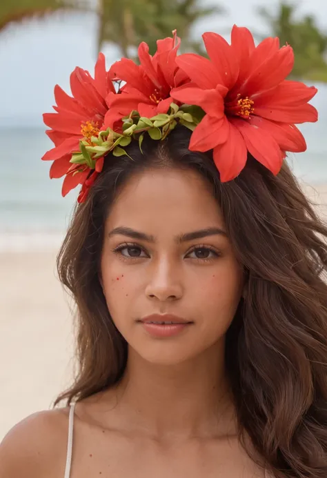 mulher com cum na cara, (NFSW: 8) "Retrato de corpo inteiro da menina atraente com cabelo encaracolado, figura pequena, beach setting, ROUPAS COLORIDAS, beautiful face, Red flower behind ear decoration, Red flower behind ear decorating, pele morena do Sol,...