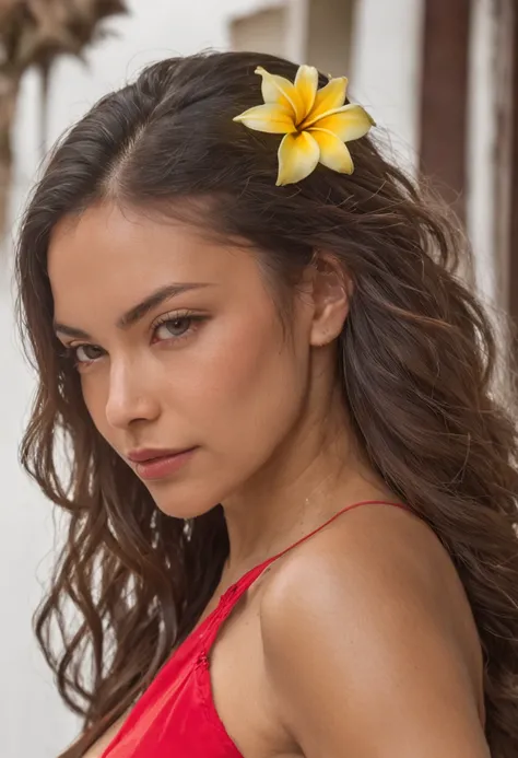 mulher com cum na cara, (NFSW: 8) "Retrato de corpo inteiro da menina atraente com cabelo encaracolado, figura pequena, beach setting, ROUPAS COLORIDAS, beautiful face, Red flower behind ear decoration, Red flower behind ear decorating, pele morena do Sol,...