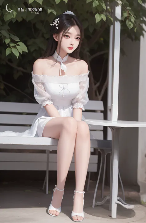 araffed woman sitting on a bench in a white dress, Lovely woman, cute elegant pose, a beautiful woman in white aodai, Beautiful girl model, korean womens fashion model, gorgeous chinese models, photo of slim girl model, full-body xianxia, wearing white clo...