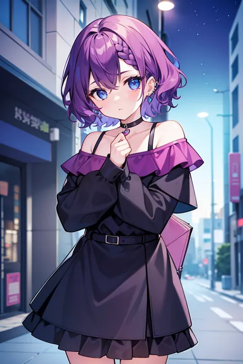 masterpiece, best quality, 1girl, short hair, shoulder-length hair, purple hair, curly hair, side braid, blue eyes, sharp eyes, expressionless, pink off shoulder blouse, black skirt, piercings, in the street, dark street, in the night, holding a bundle of ...