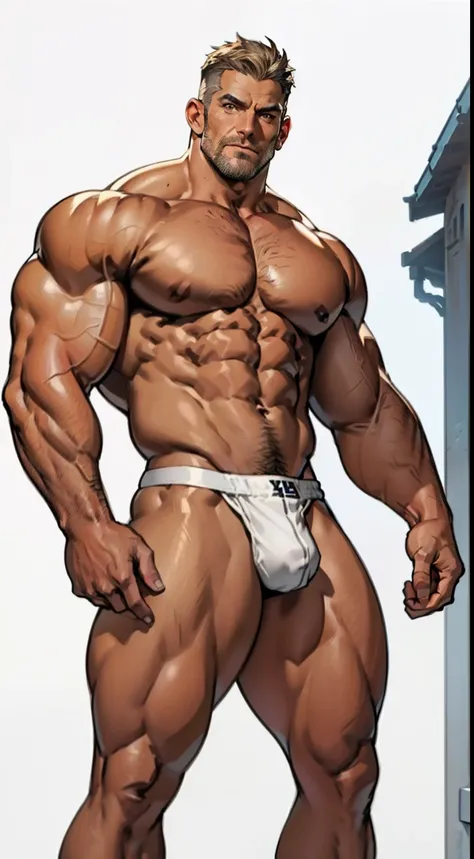 A mature muscular man，45 yers old，short detailed hair，vast pecs，Broad shoulders，Huge crotch bulge，Leather set，Very little fabric，Skinny white briefs，Bare thighs to feet，Indecent expressions，Male gaze，High picture quality，high detal，full bodyesbian，in a pan...