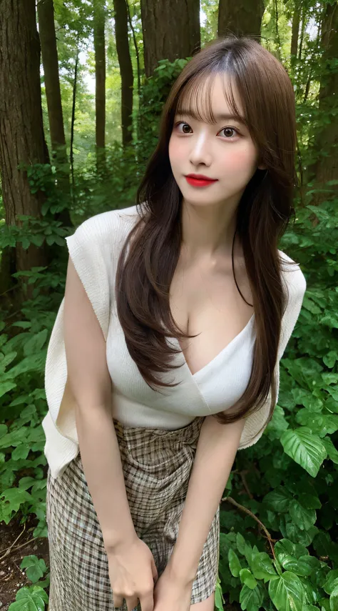 (Realistic, high resolution:1.3), 1 girl with perfect figure, Super fine face and eyes, Long hair, Wrap the chest，Skinny hip-wrapped skirt, ln the forest, Big breasts, Exposed cleavage，Long legs，high-heels，Full body photo