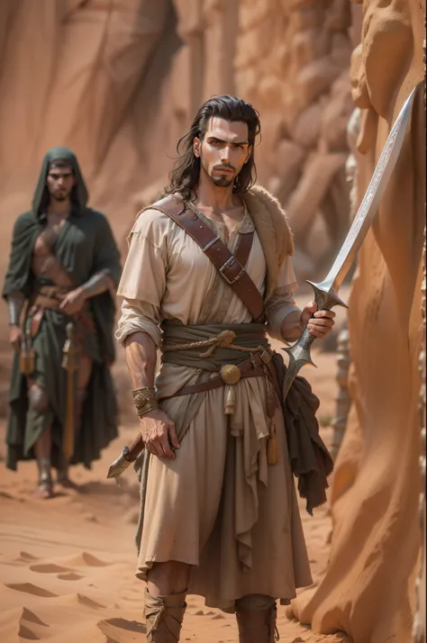 Joshua with dagger in hand, 21 anos, biblical warrior, Oded Fehr, deserto, Gritando, Bible, Biblical character, Estilo realista