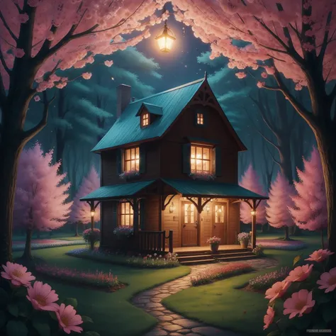 House of strawbery chocolate in a fairies land with beautiful glowing flowers, printable --auto