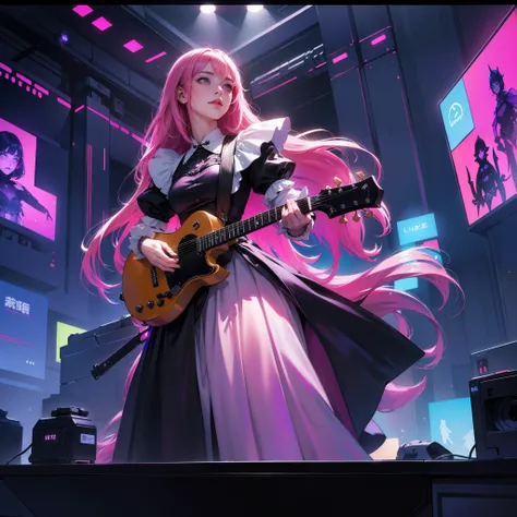 (Maidcore Aesthetics), (atmospheric view), (glowing illumination), ((immersive and detailed scenery)), happy, (ambiente cyberpunk), Maid playing guitar in the presentation hall, luzes neon brilhantes, roupas cinzas vermelhas e pretas, capuz animal, absurdl...