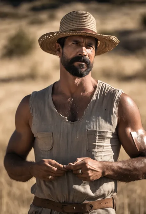 1man, smart man, 33 year old, short black hair, black eyes, tan skin bearded farmer with straw hat standing crossed arms in field with sun behind him Natural volumetric lighting and better shadows, profundidade de campo profunda, foco clear, Portrait incre...