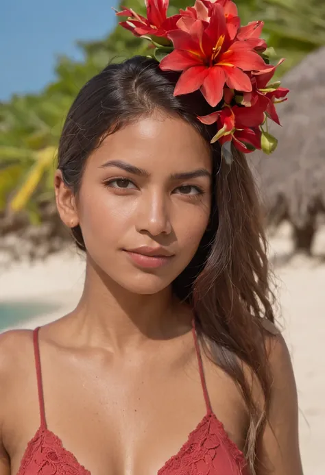 mulher com cum na cara, (NFSW: 8) "Retrato de corpo inteiro da menina atraente com cabelo encaracolado, figura pequena, beach setting, ROUPAS COLORIDAS, beautiful face, Red flower behind ear decoration, Red flower behind ear decorating, pele morena do Sol,...