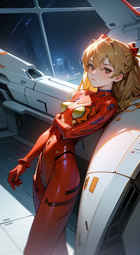 (Overhead view),dynamic angle,ultra-detailed, illustration, close-up, straight on, 1girl, 
 ((souryuu asuka langley, interface headset, red bodysuit:1.4, blonde)),Her eyes shone like dreamy stars,(glowing eyes:1.233),(beautiful and detailed eyes:1.1),(expr...