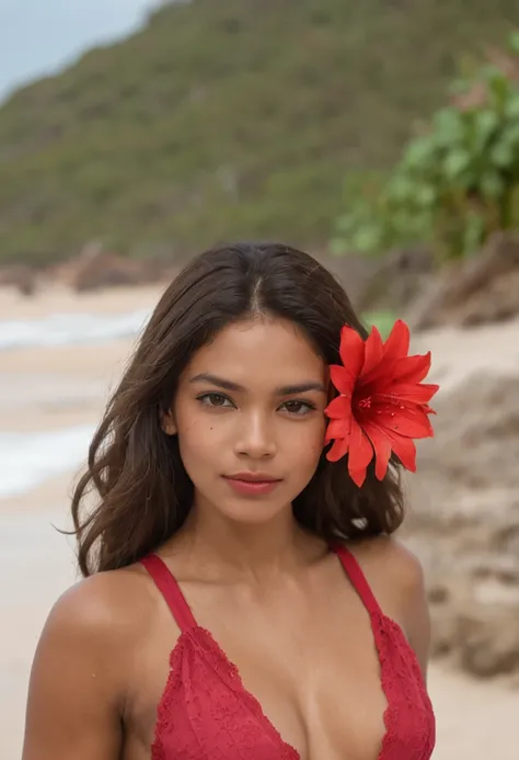 mulher com cum na cara, (NFSW: 8) "Retrato de corpo inteiro da menina atraente com cabelo encaracolado, figura pequena, beach setting, ROUPAS COLORIDAS, beautiful face, Red flower behind ear decoration, Red flower behind ear decorating, pele morena do Sol,...