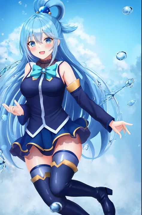 aqua (konosuba), mksks style, (very detailed background:1.0), (highly detailed background:1.0), {Masterpiece}, High Quality, 1girl, blue eyes, blue footwear, blue hair, blue thighhighs, blush, boots, breasts, bubble, detached sleeves, hair ornament, hair r...