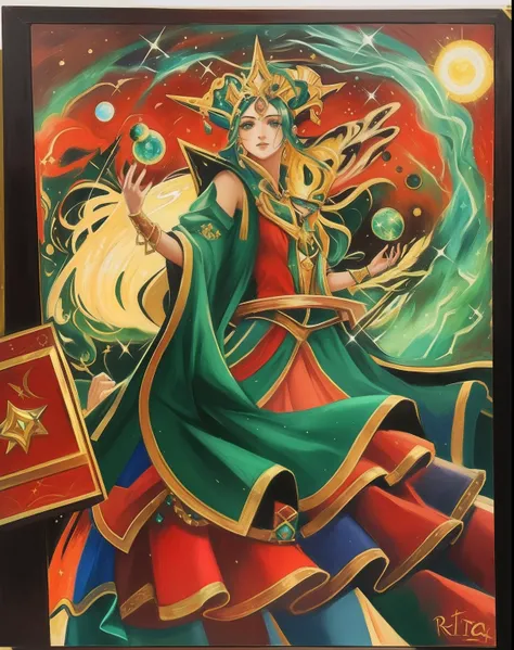 Pintura de una mujer con un vestido verde y una capa roja, Arte de tarjetas coleccionables, Reina y gobernante del universo, inspirado en Xul Solar, Evil Realm Magic Paint Vibrations, galactic deity, Reina de la Galaxia, Emperador del universo conocido, In...