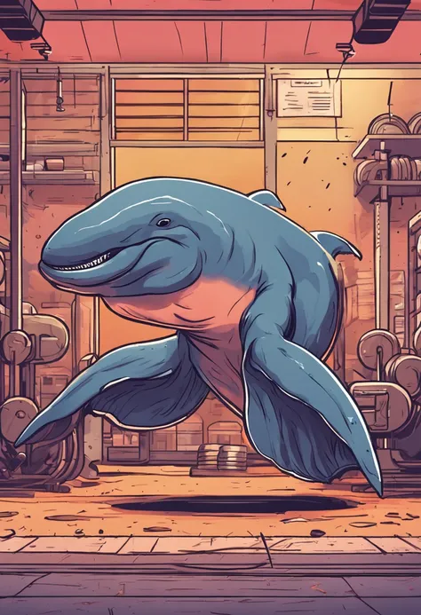 Fitness whale lifting barbell in gym，Piece manga