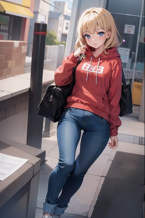 ((Best quality)), 1girl, hoodie and jeans