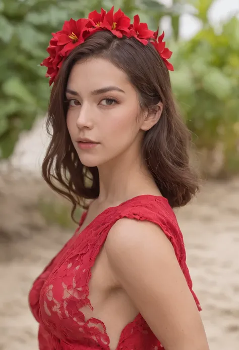 fking_scifi, fking_scifi_v2, mulher com cum na cara, (NFSW: 8) "Retrato de corpo inteiro da menina atraente com cabelo encaracolado, figura pequena, beach setting, ROUPAS COLORIDAS, beautiful face, Red flower behind ear decoration, Red flower behind ear de...