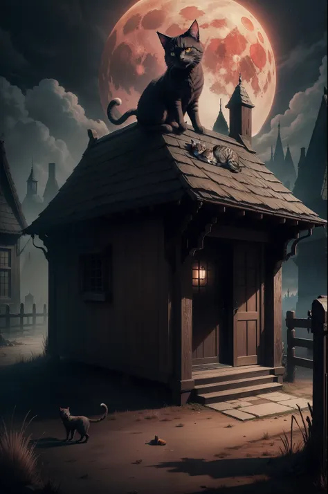 cat in bloodborne style, cat in the hunter hut from bloodborne game, cat hunter, ultra realistic illustration, amazing wallpaper, Cinematic Lighting, big red moon in the background, night time, yharnam city from bloodborne