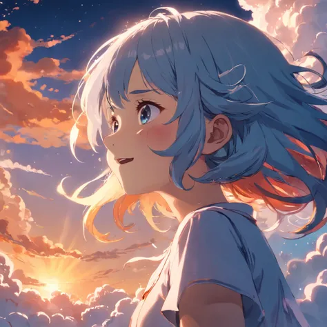 masterpiece, best quality, movie still, 1girl, cloud girl, floating in the sky, close-up, bright, happy, warm soft lighting, sunset, (sparks:0.7)