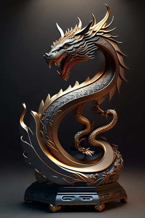 Handsome Chinese dragon sculpture，Panorama Figures，Place on a flat surface，Jordan Nelson and Shen Mingchen. trending on artstationh. Black scales . lighting, Epic, 8K, Highly detailed, Centered, symetry, picure, Intricate, voluminetric lighting, Beautiful,...